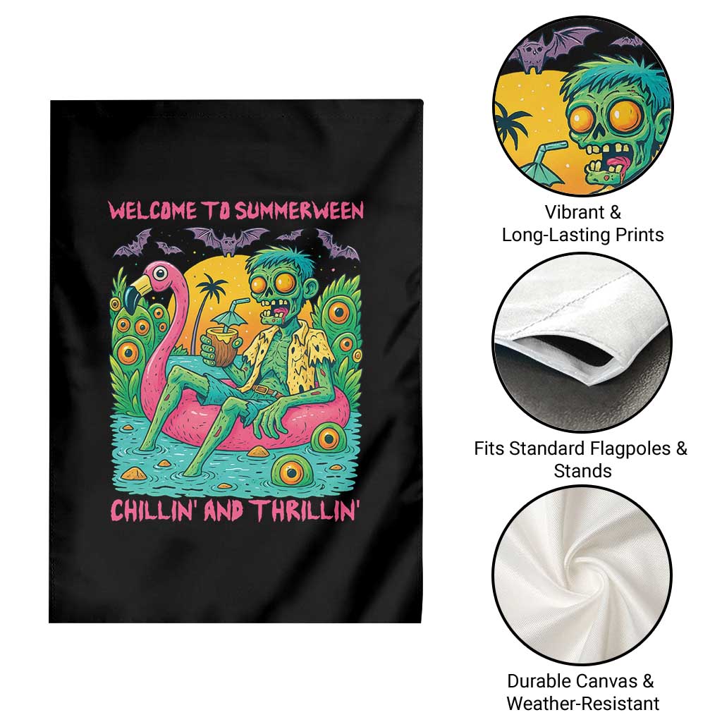 Summerween Zombie Pool Party Garden Flag Chillin and Thrillin Flamingo Float Summer Halloween