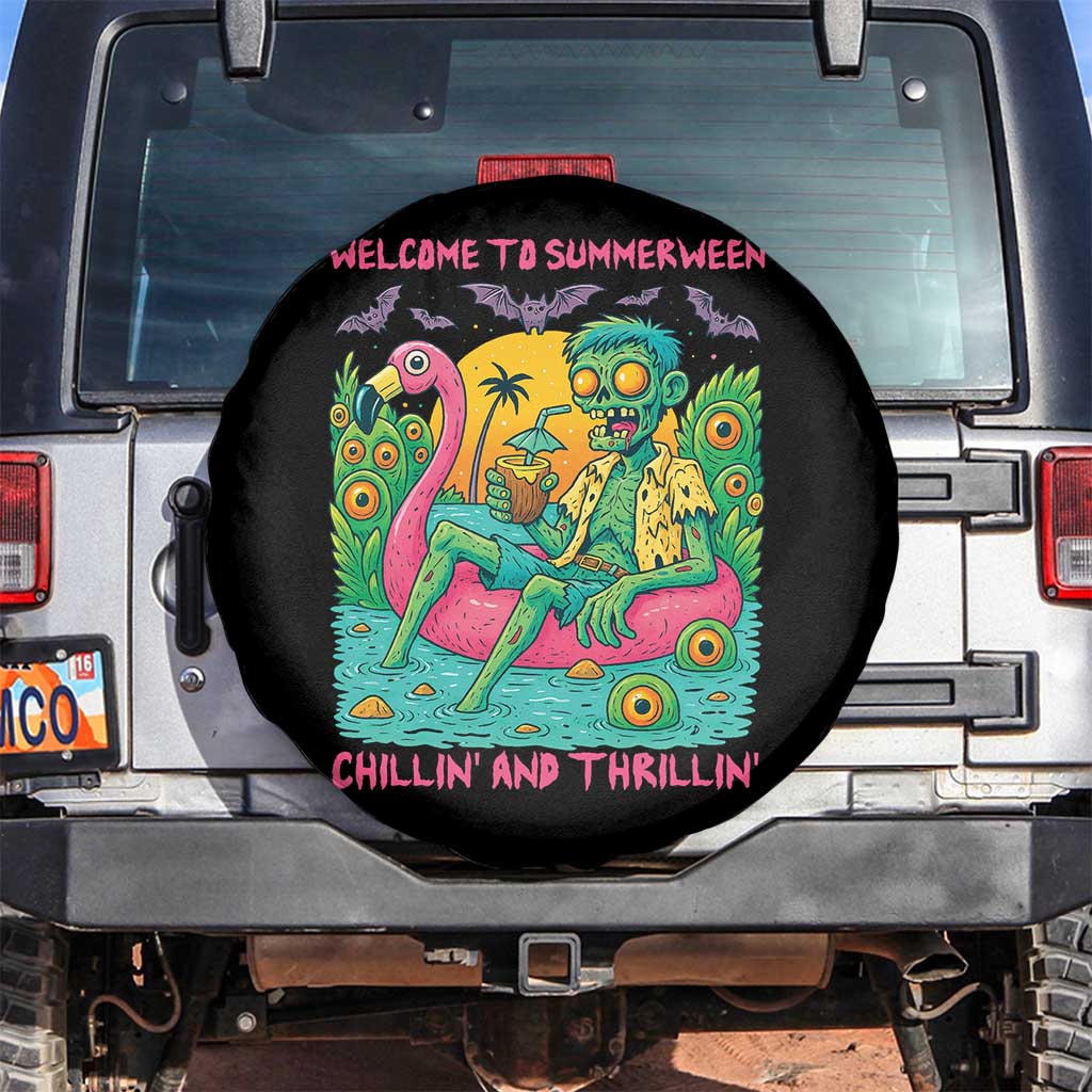 Summerween Zombie Pool Party Spare Tire Cover Chillin and Thrillin Flamingo Float Summer Halloween