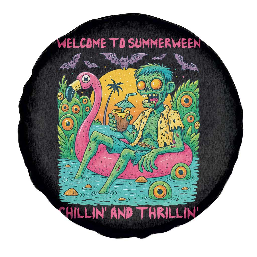 Summerween Zombie Pool Party Spare Tire Cover Chillin and Thrillin Flamingo Float Summer Halloween