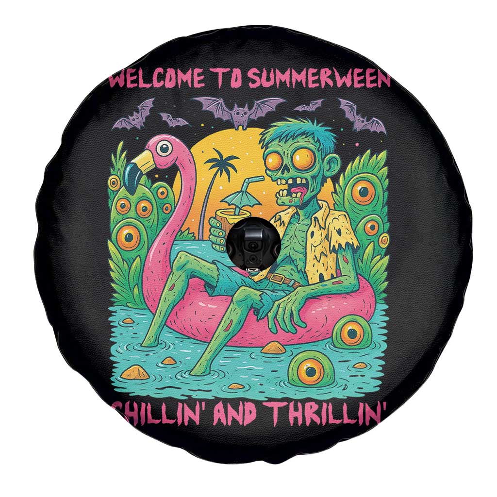 Summerween Zombie Pool Party Spare Tire Cover Chillin and Thrillin Flamingo Float Summer Halloween