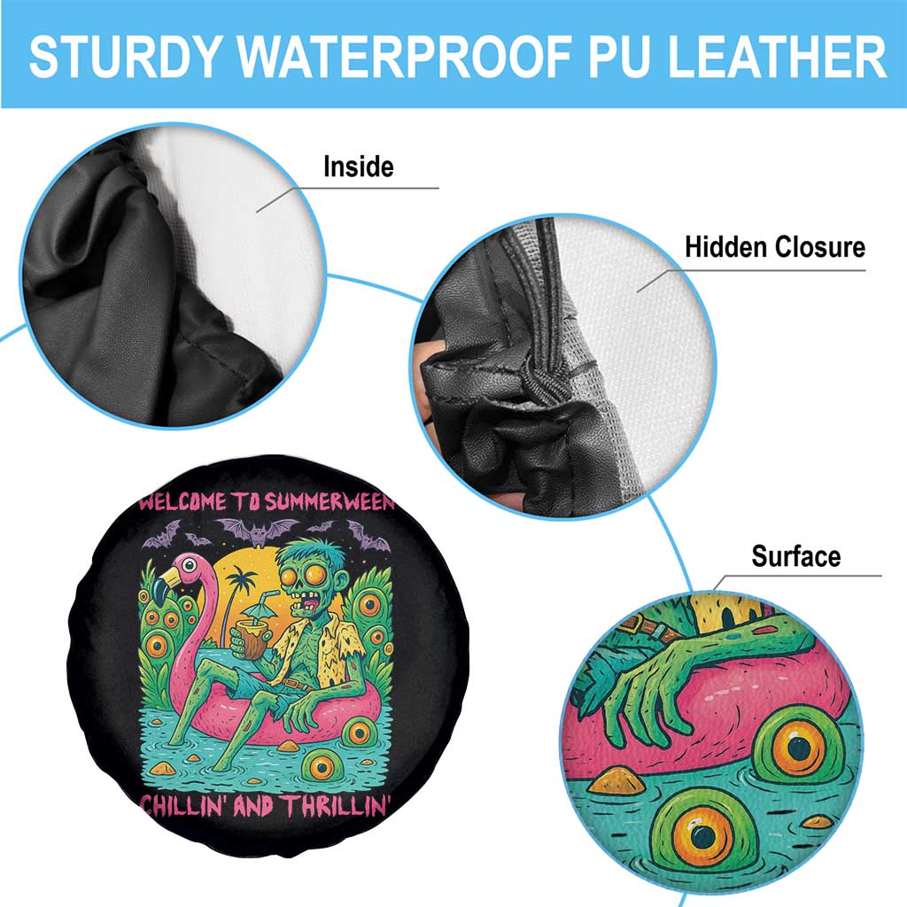 Summerween Zombie Pool Party Spare Tire Cover Chillin and Thrillin Flamingo Float Summer Halloween