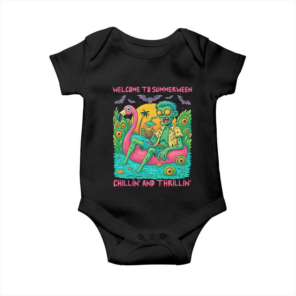 Summerween Zombie Pool Party Baby Onesie Chillin and Thrillin Flamingo Float Summer Halloween