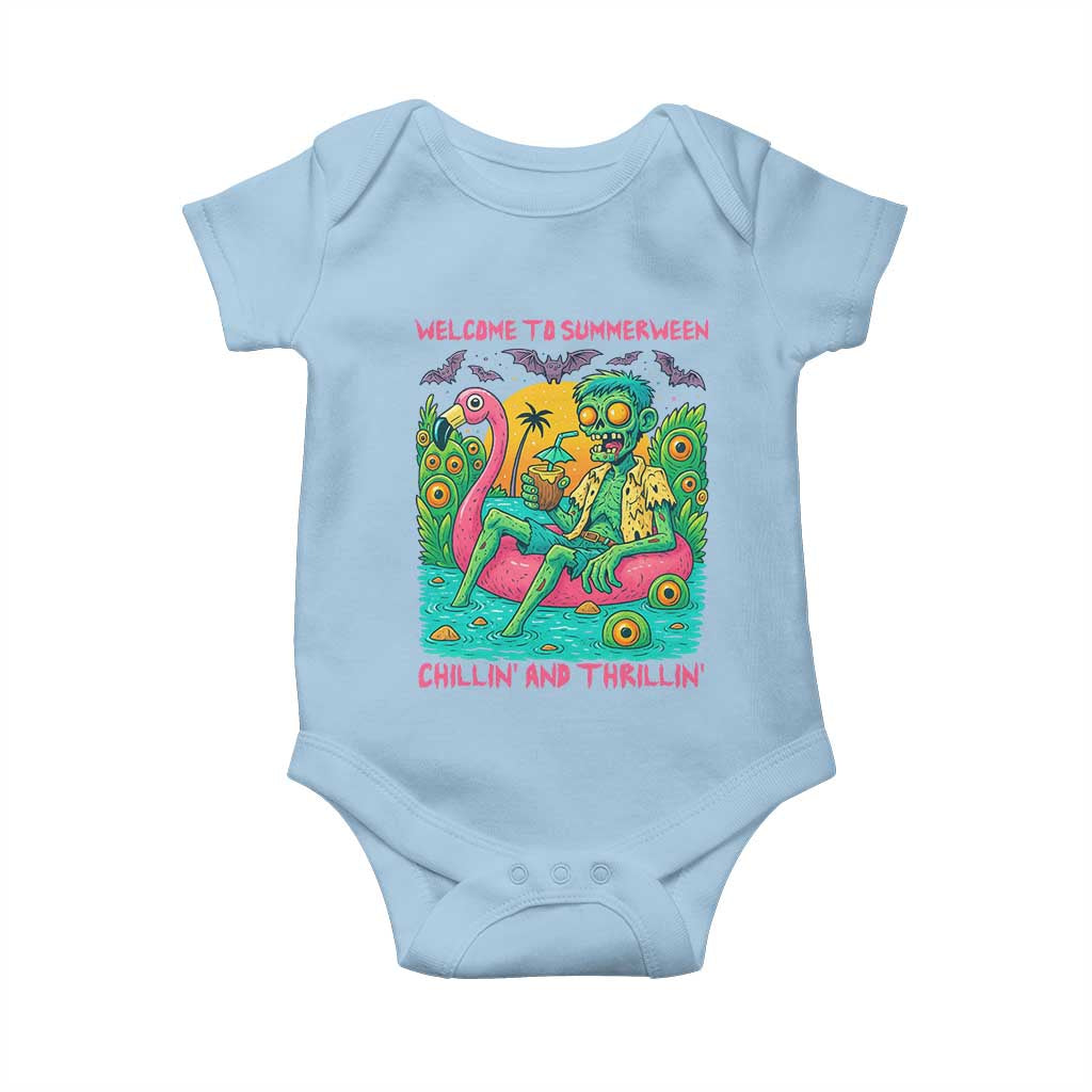 Summerween Zombie Pool Party Baby Onesie Chillin and Thrillin Flamingo Float Summer Halloween