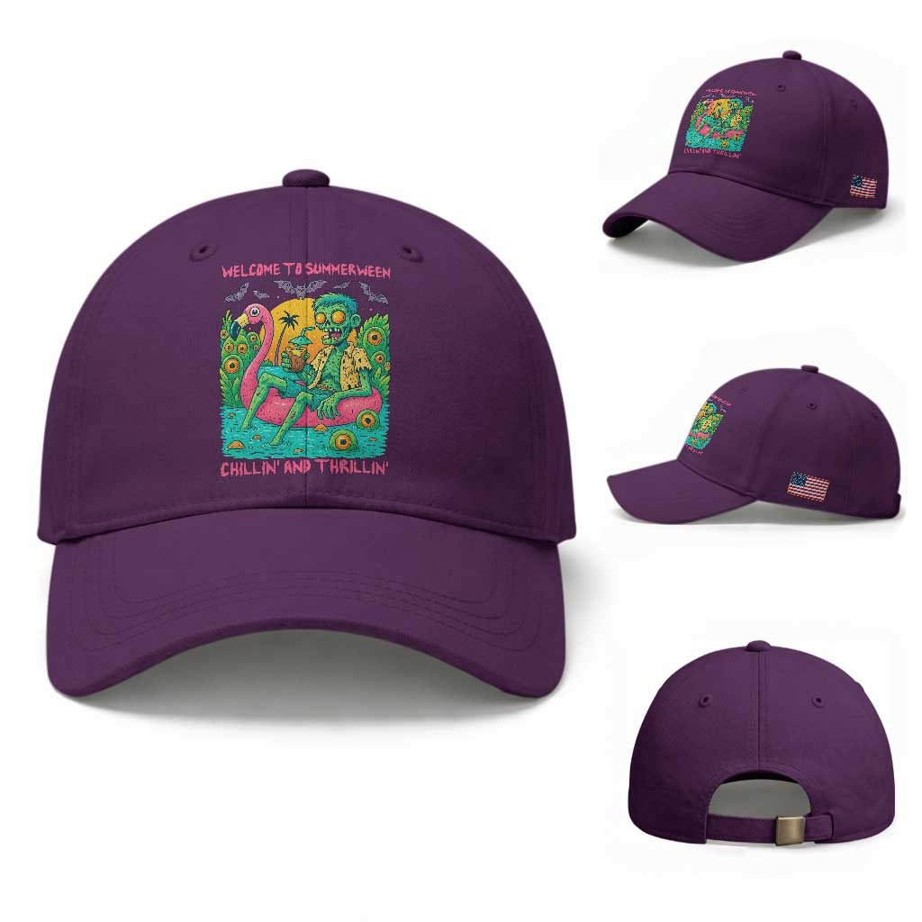 Summerween Zombie Pool Party Baseball Cap Chillin and Thrillin Flamingo Float Summer Halloween