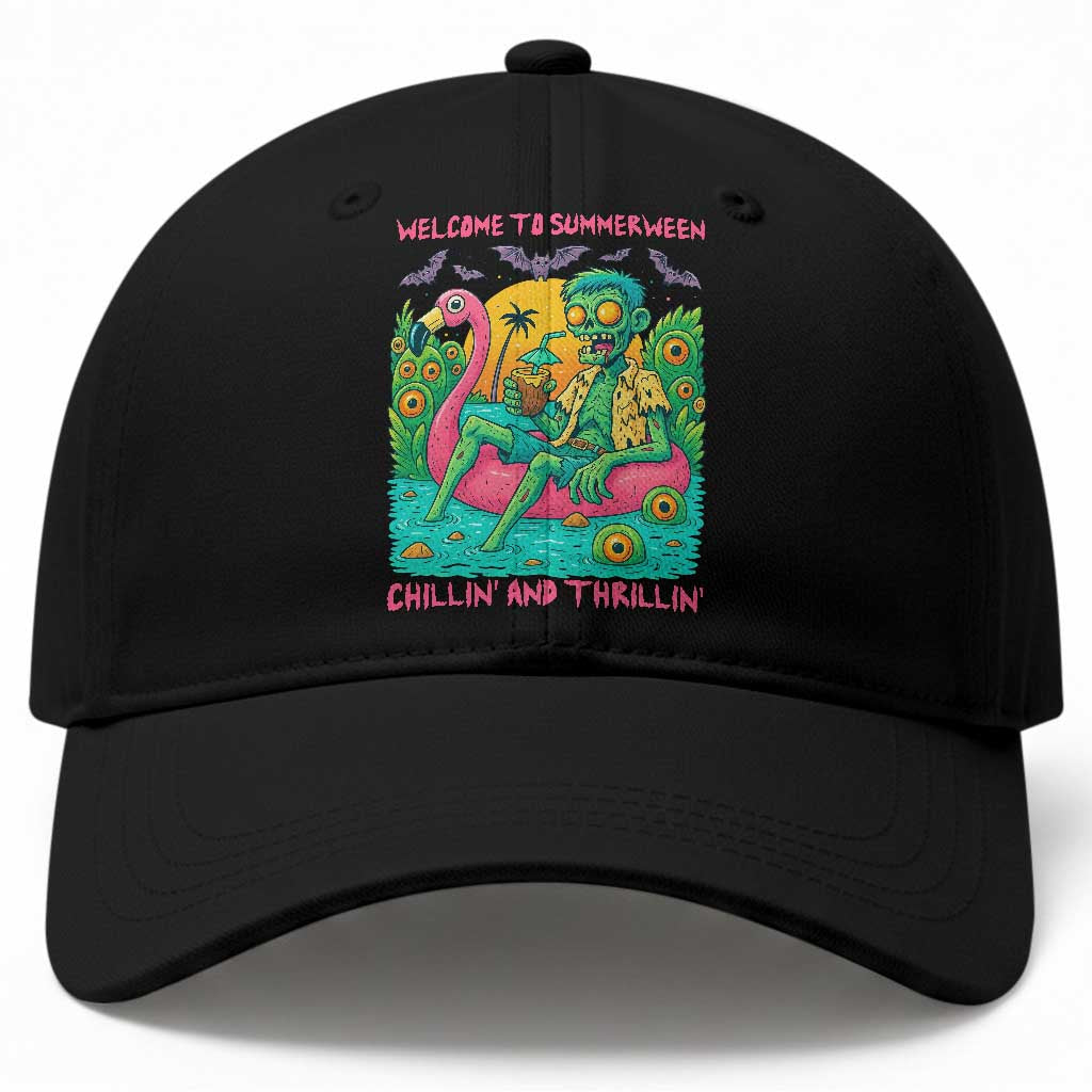 Summerween Zombie Pool Party Baseball Cap Chillin and Thrillin Flamingo Float Summer Halloween