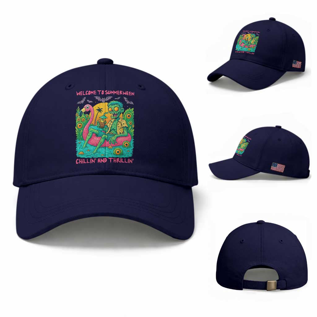 Summerween Zombie Pool Party Baseball Cap Chillin and Thrillin Flamingo Float Summer Halloween