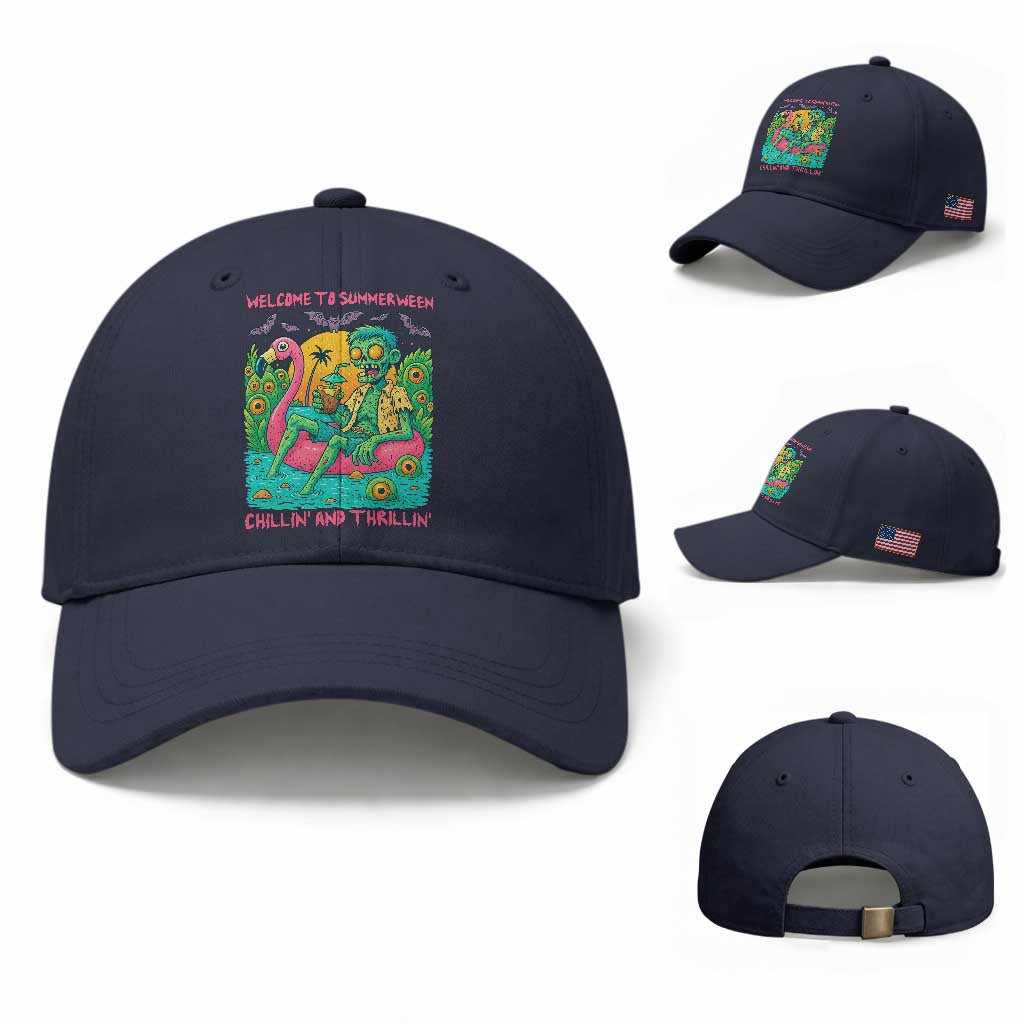 Summerween Zombie Pool Party Baseball Cap Chillin and Thrillin Flamingo Float Summer Halloween