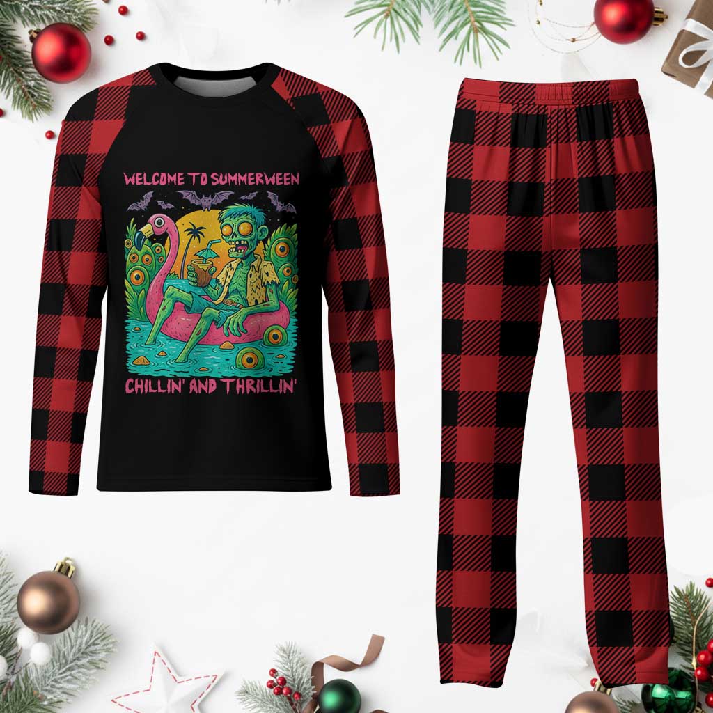 Summerween Zombie Pool Party Plaid Pajama Set Chillin and Thrillin Flamingo Float Summer Halloween