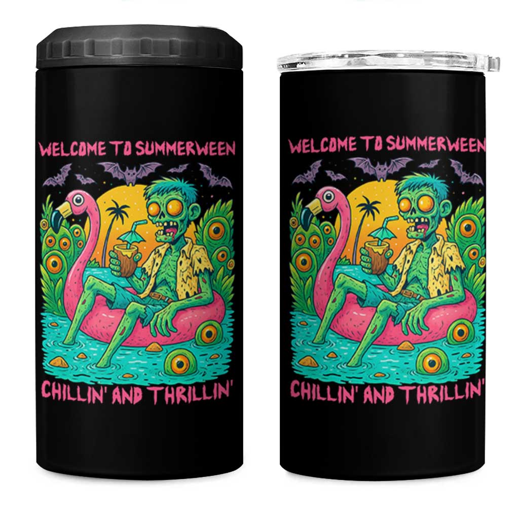 Summerween Zombie Pool Party 4 in 1 Can Cooler Tumbler Chillin and Thrillin Flamingo Float Summer Halloween