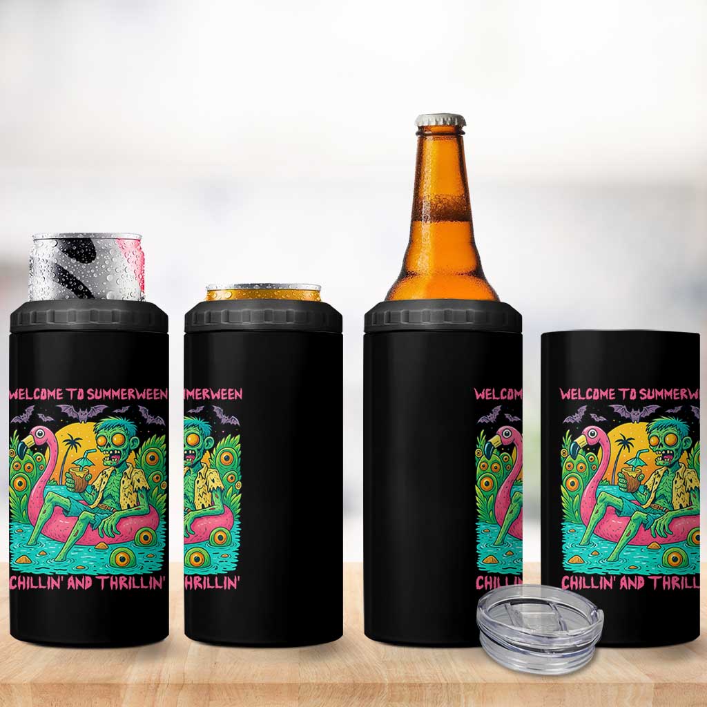 Summerween Zombie Pool Party 4 in 1 Can Cooler Tumbler Chillin and Thrillin Flamingo Float Summer Halloween