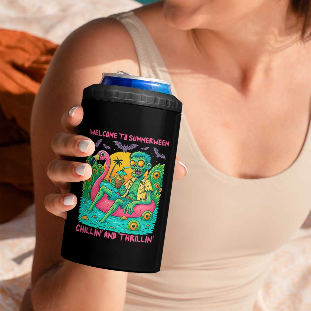 Summerween Zombie Pool Party 4 in 1 Can Cooler Tumbler Chillin and Thrillin Flamingo Float Summer Halloween