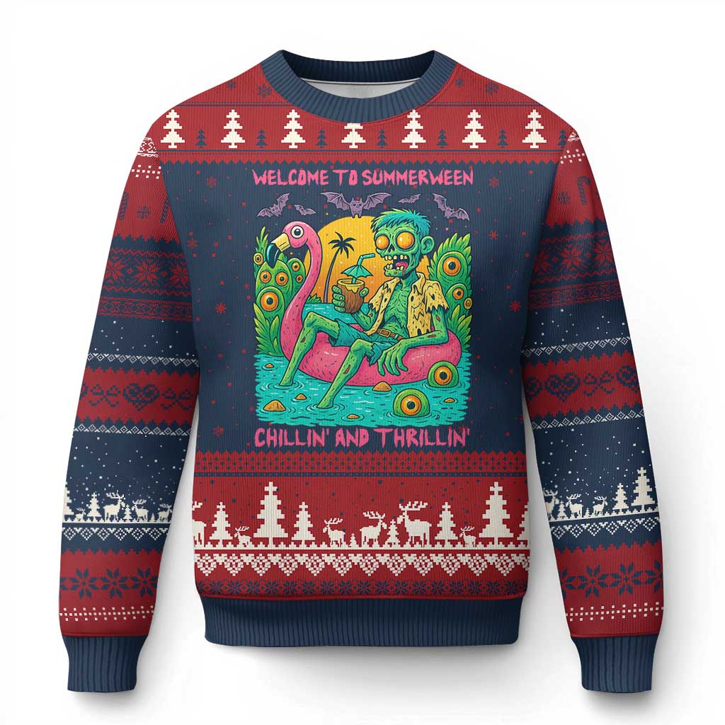 Summerween Zombie Pool Party Ugly Christmas Sweater Chillin and Thrillin Flamingo Float Summer Halloween
