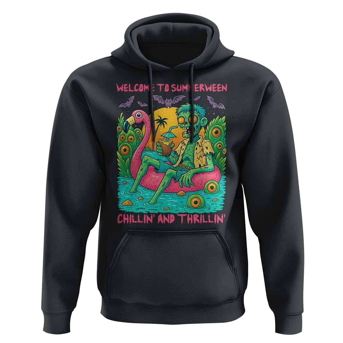 Summerween Zombie Pool Party Hoodie Chillin and Thrillin Flamingo Float Summer Halloween