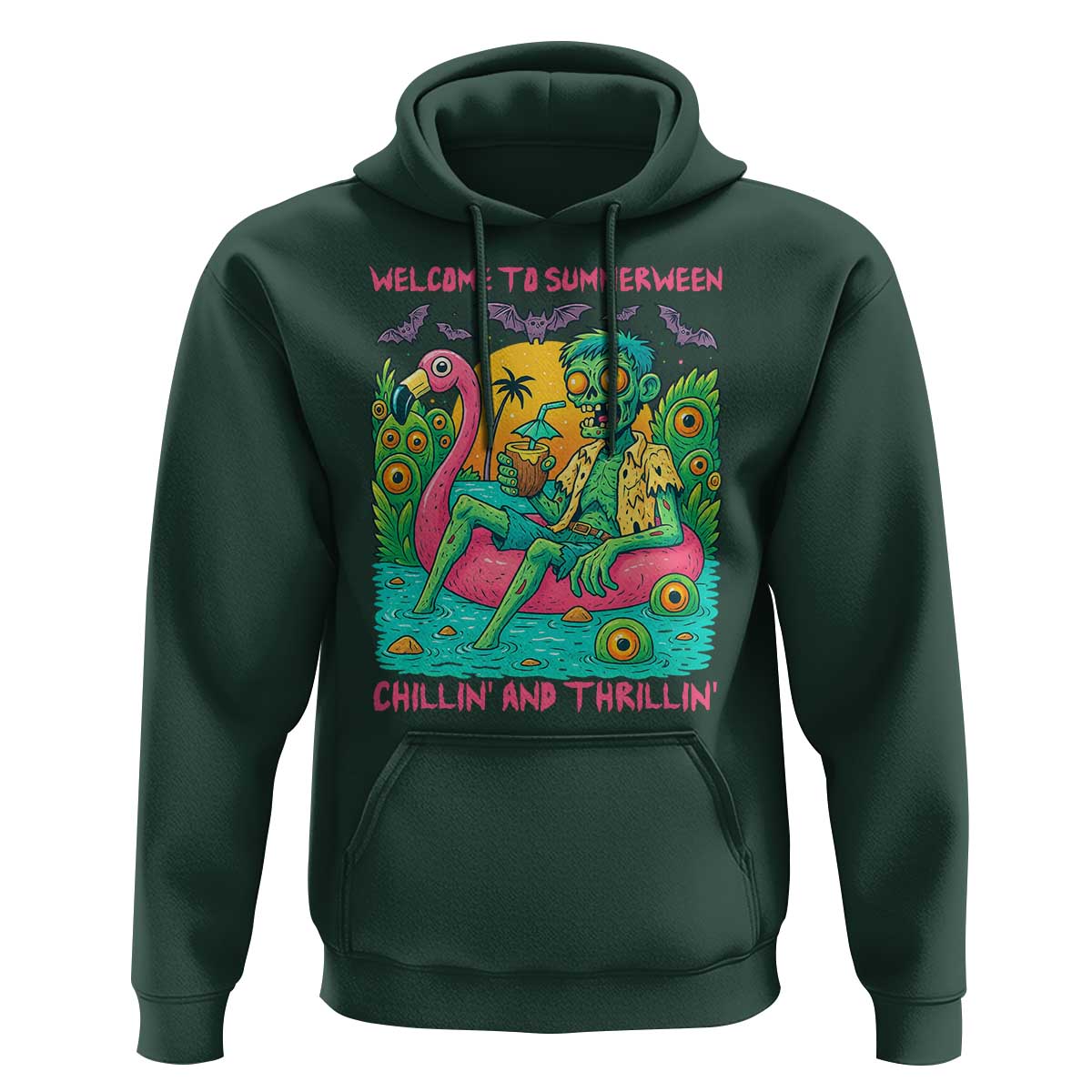 Summerween Zombie Pool Party Hoodie Chillin and Thrillin Flamingo Float Summer Halloween