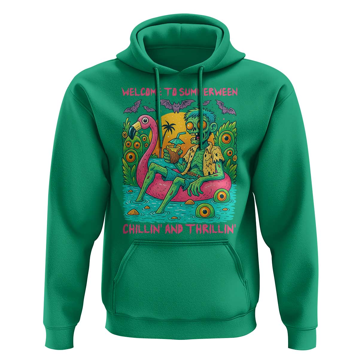 Summerween Zombie Pool Party Hoodie Chillin and Thrillin Flamingo Float Summer Halloween