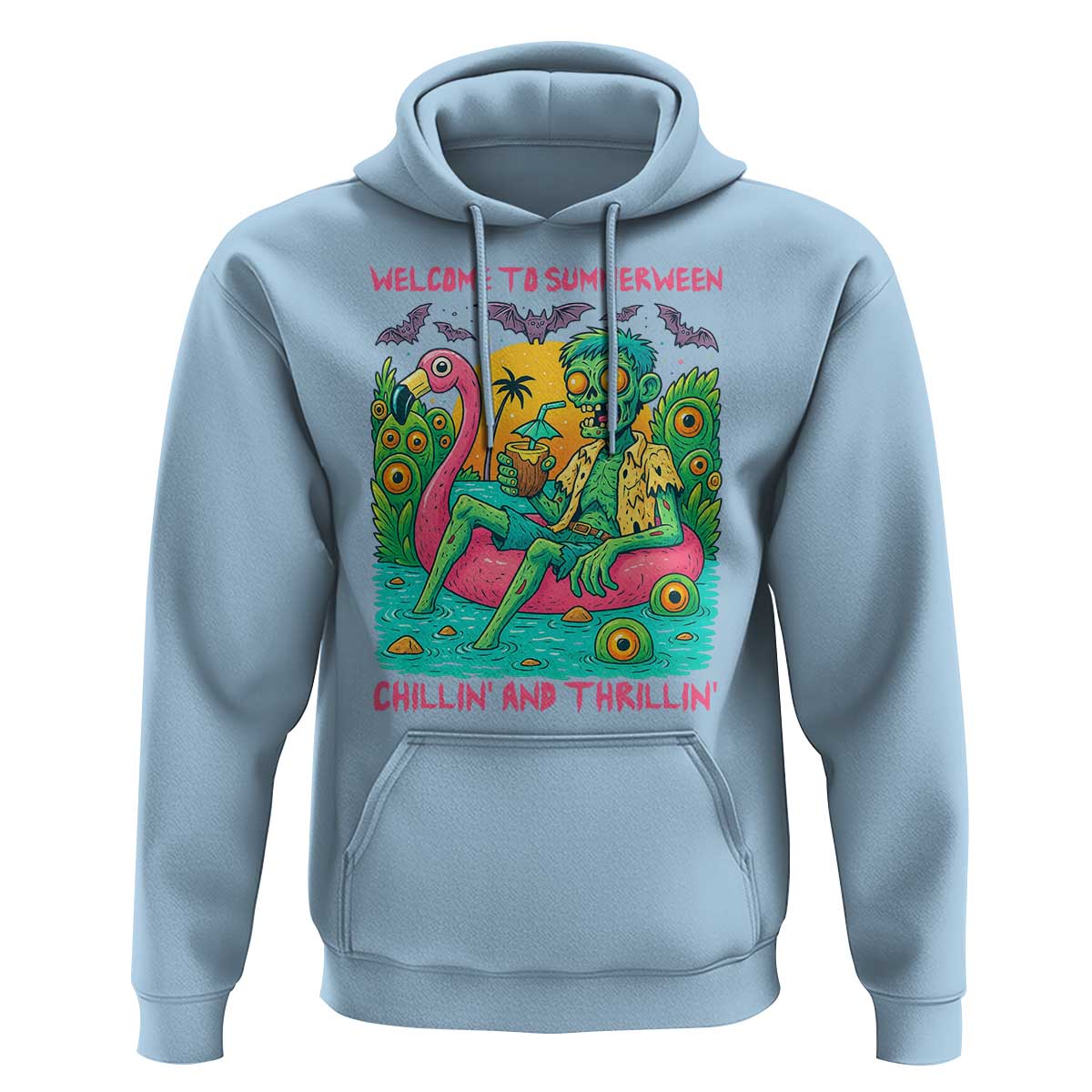Summerween Zombie Pool Party Hoodie Chillin and Thrillin Flamingo Float Summer Halloween