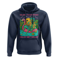 Summerween Zombie Pool Party Hoodie Chillin and Thrillin Flamingo Float Summer Halloween