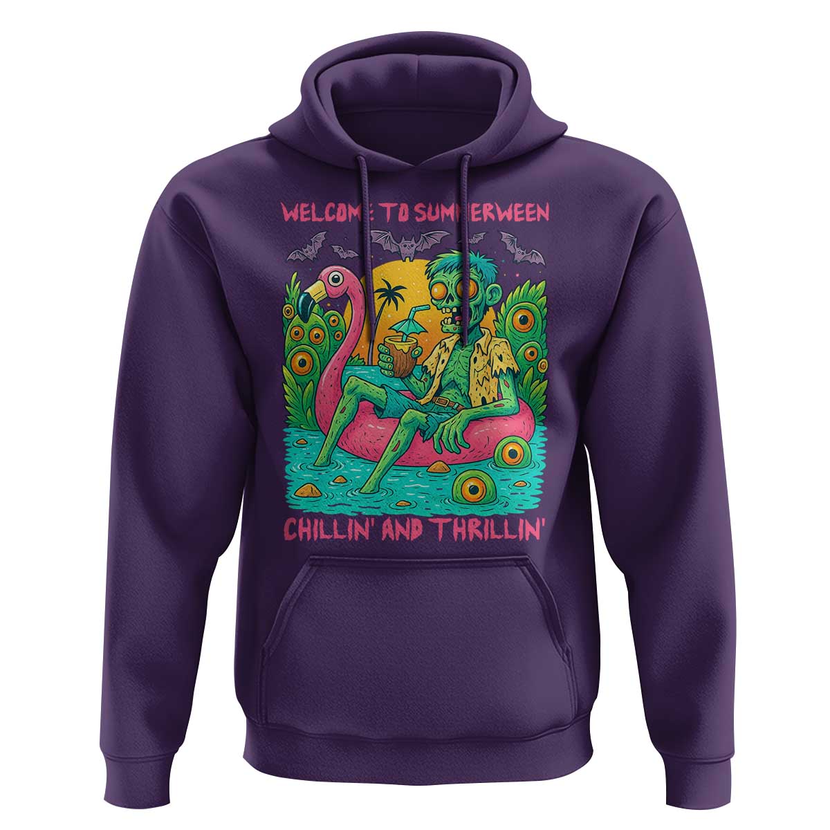 Summerween Zombie Pool Party Hoodie Chillin and Thrillin Flamingo Float Summer Halloween