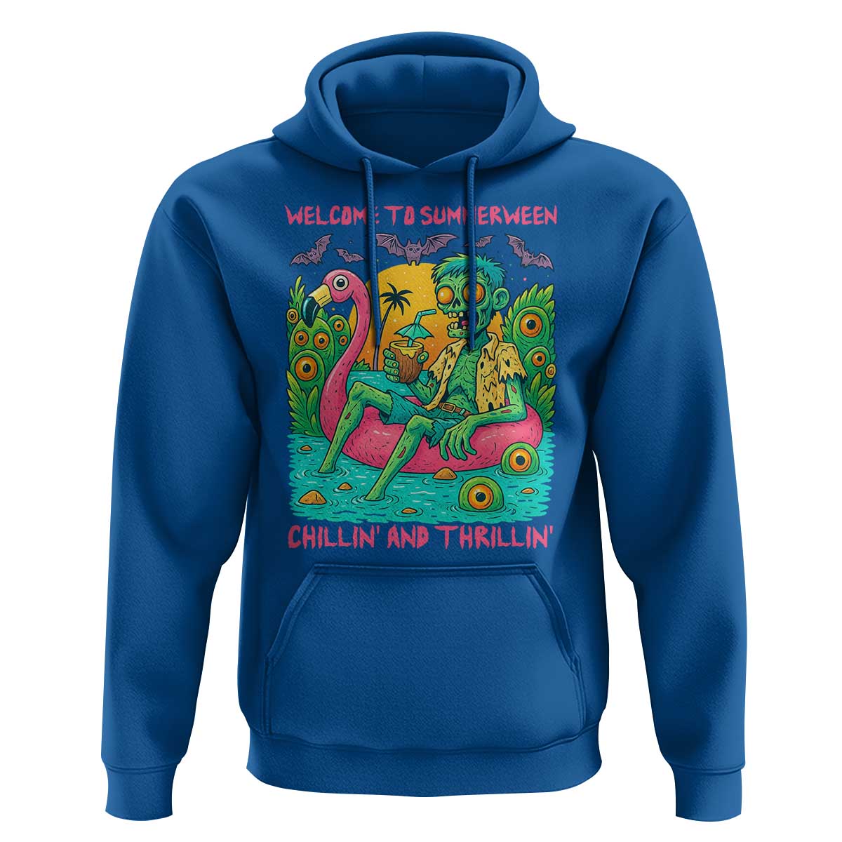 Summerween Zombie Pool Party Hoodie Chillin and Thrillin Flamingo Float Summer Halloween
