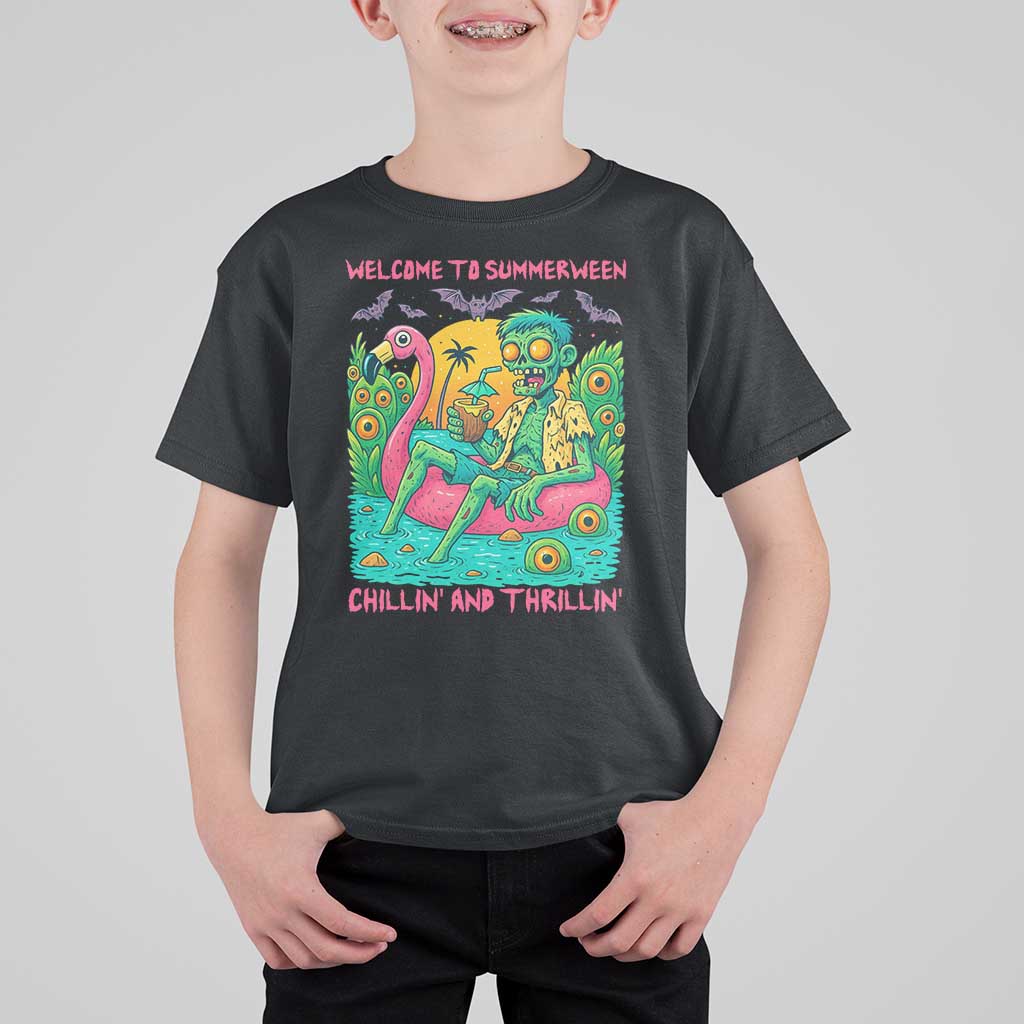 Summerween Zombie Pool Party T Shirt For Kid Chillin and Thrillin Flamingo Float Summer Halloween