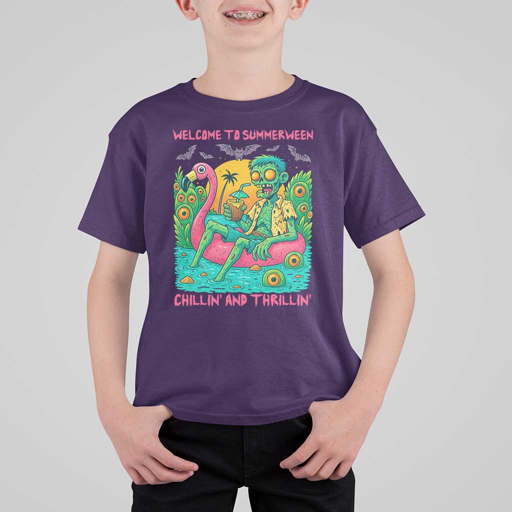 Summerween Zombie Pool Party T Shirt For Kid Chillin and Thrillin Flamingo Float Summer Halloween