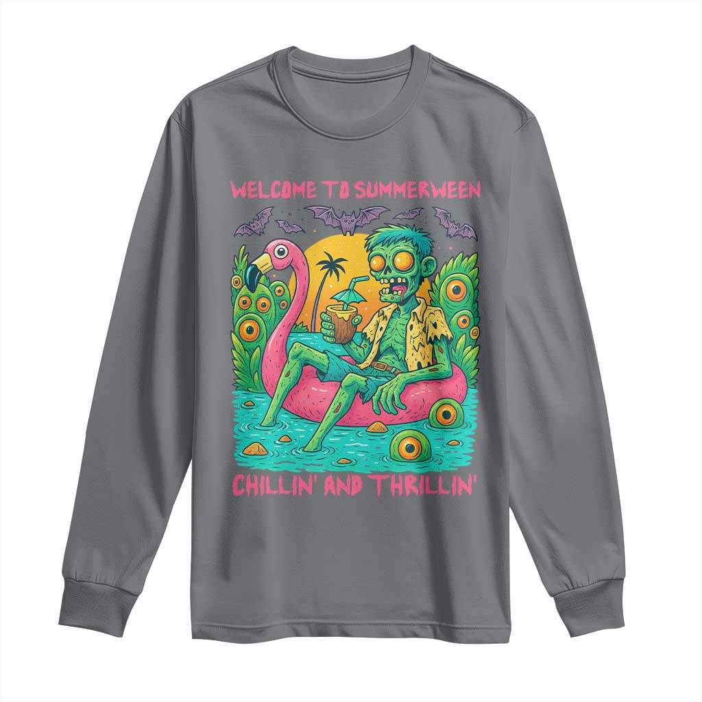 Summerween Zombie Pool Party Long Sleeve Shirt Chillin and Thrillin Flamingo Float Summer Halloween