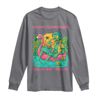 Summerween Zombie Pool Party Long Sleeve Shirt Chillin and Thrillin Flamingo Float Summer Halloween