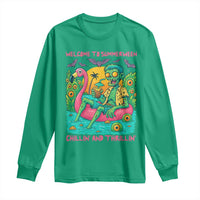 Summerween Zombie Pool Party Long Sleeve Shirt Chillin and Thrillin Flamingo Float Summer Halloween