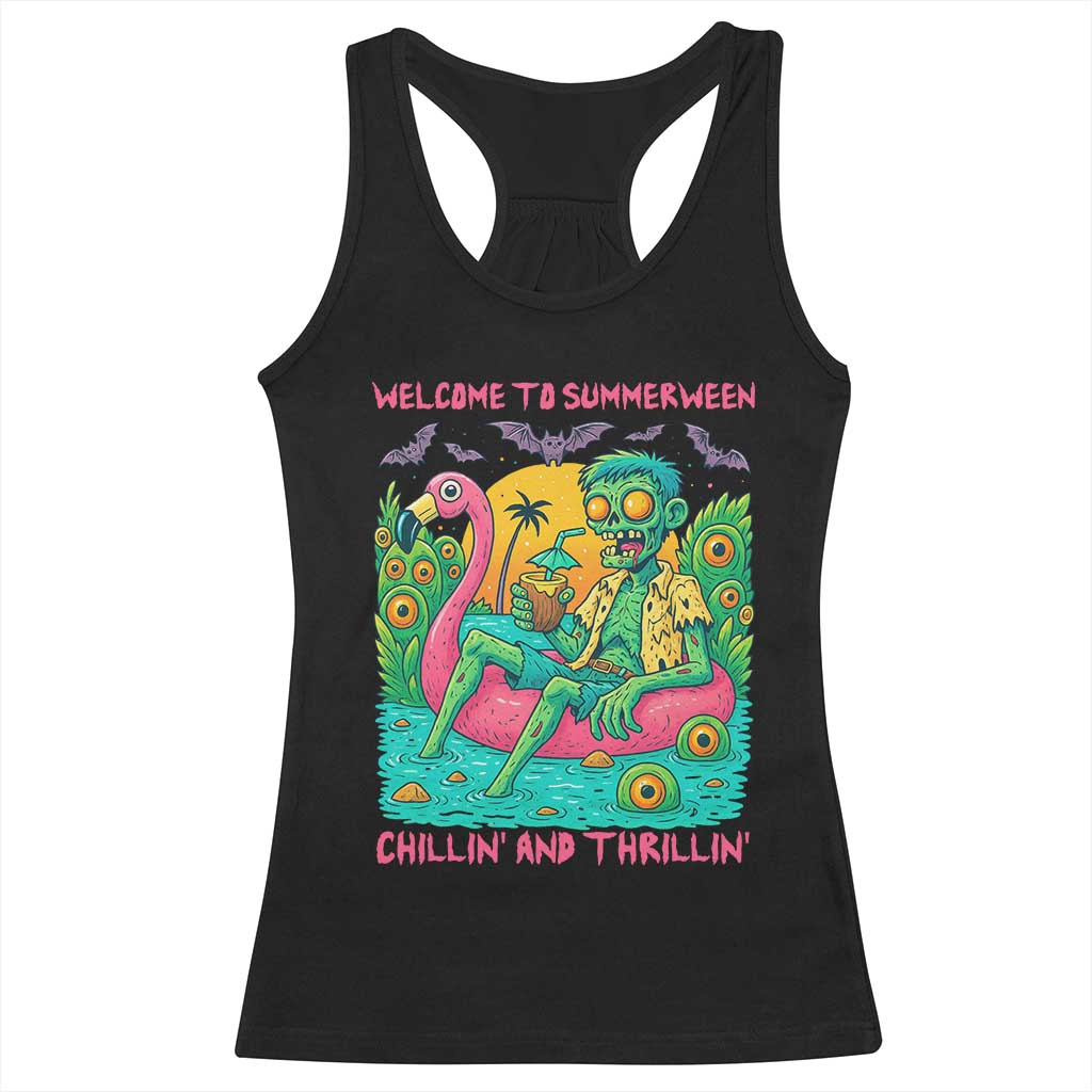 Summerween Zombie Pool Party Racerback Tank Top Chillin and Thrillin Flamingo Float Summer Halloween