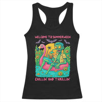 Summerween Zombie Pool Party Racerback Tank Top Chillin and Thrillin Flamingo Float Summer Halloween