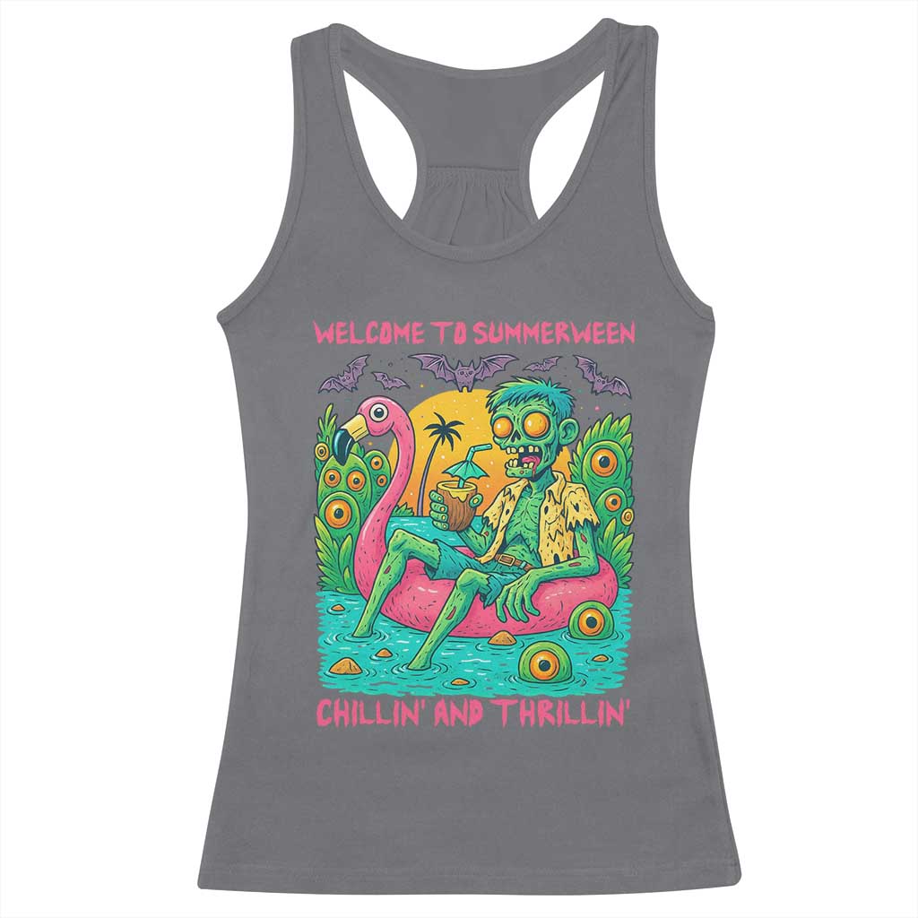 Summerween Zombie Pool Party Racerback Tank Top Chillin and Thrillin Flamingo Float Summer Halloween