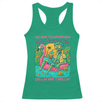 Summerween Zombie Pool Party Racerback Tank Top Chillin and Thrillin Flamingo Float Summer Halloween