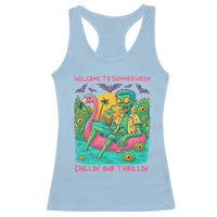 Summerween Zombie Pool Party Racerback Tank Top Chillin and Thrillin Flamingo Float Summer Halloween