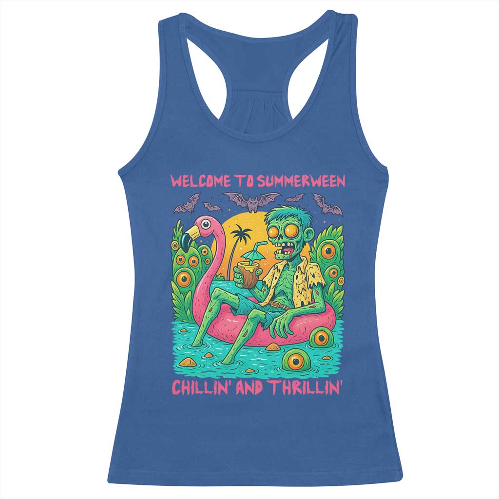 Summerween Zombie Pool Party Racerback Tank Top Chillin and Thrillin Flamingo Float Summer Halloween