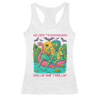 Summerween Zombie Pool Party Racerback Tank Top Chillin and Thrillin Flamingo Float Summer Halloween