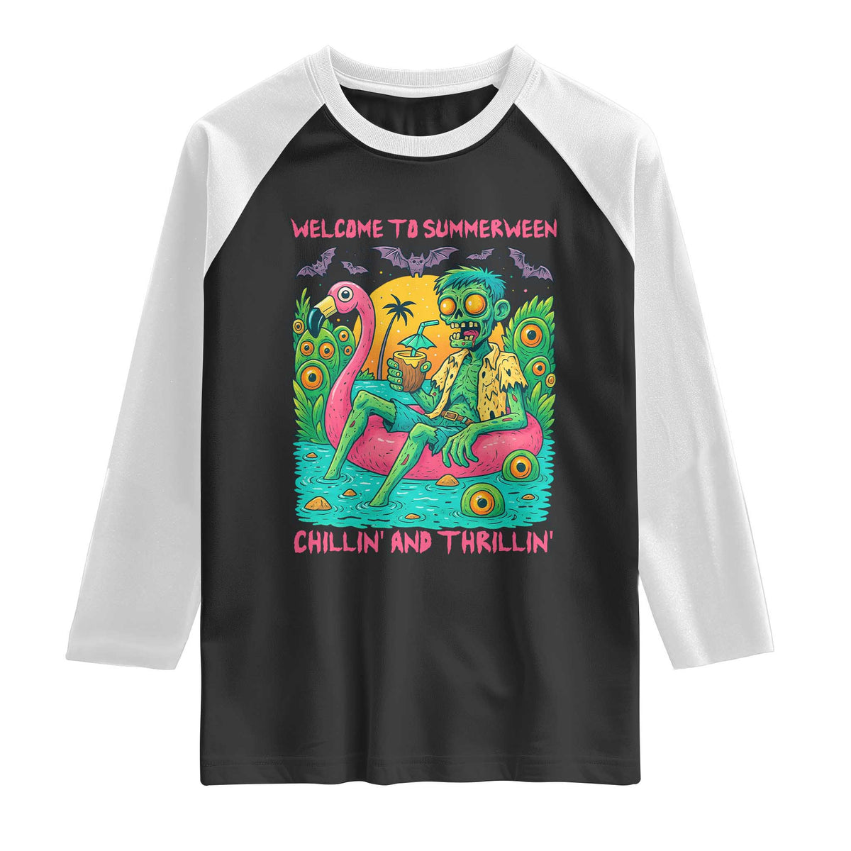 Summerween Zombie Pool Party Raglan Shirt Chillin and Thrillin Flamingo Float Summer Halloween
