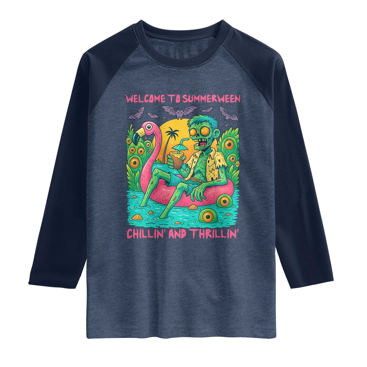Summerween Zombie Pool Party Raglan Shirt Chillin and Thrillin Flamingo Float Summer Halloween