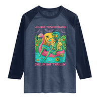 Summerween Zombie Pool Party Raglan Shirt Chillin and Thrillin Flamingo Float Summer Halloween