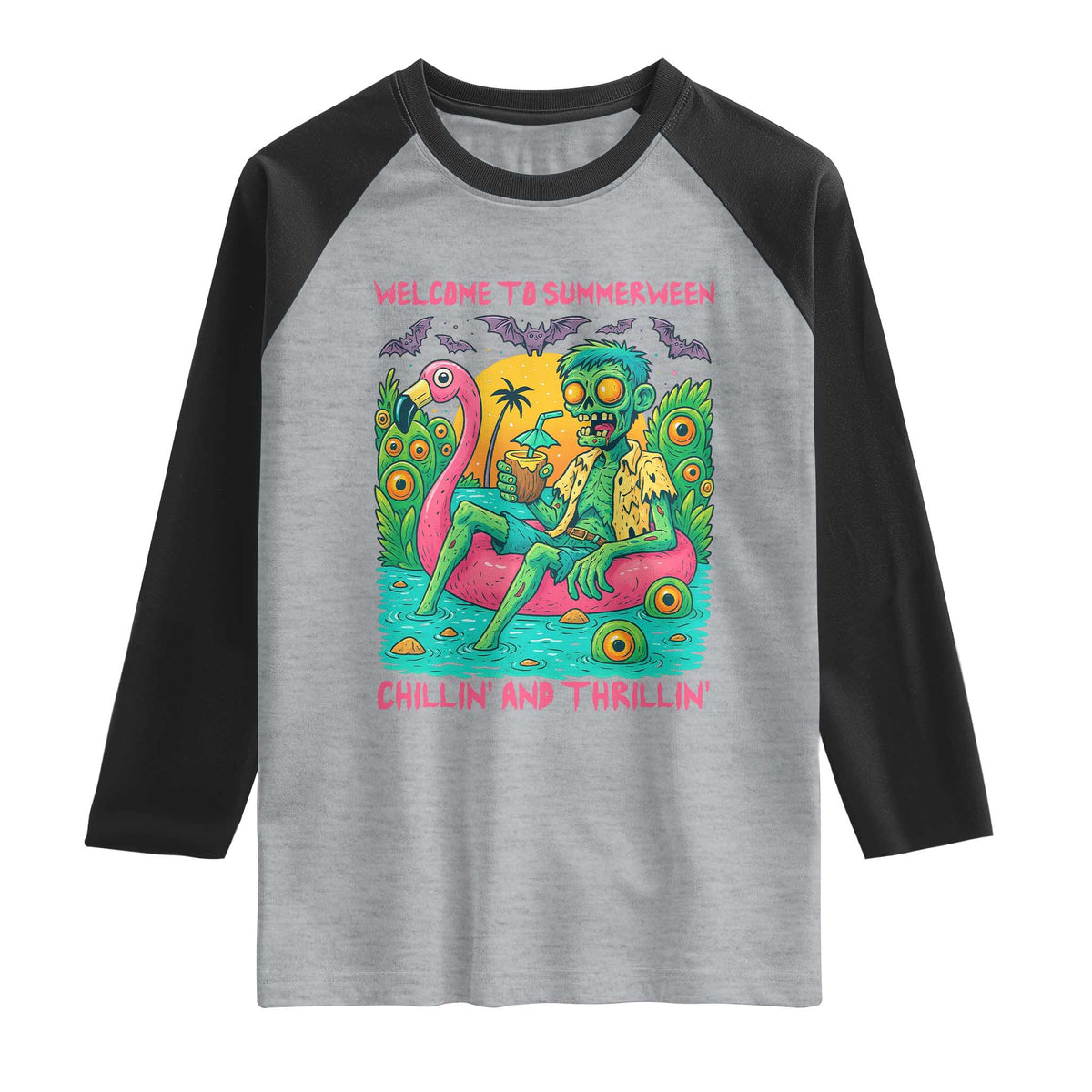Summerween Zombie Pool Party Raglan Shirt Chillin and Thrillin Flamingo Float Summer Halloween