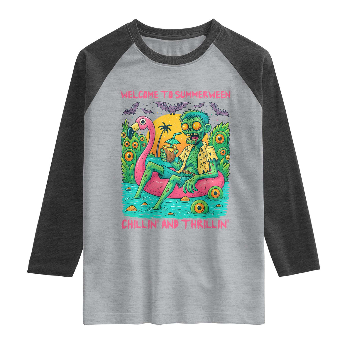 Summerween Zombie Pool Party Raglan Shirt Chillin and Thrillin Flamingo Float Summer Halloween