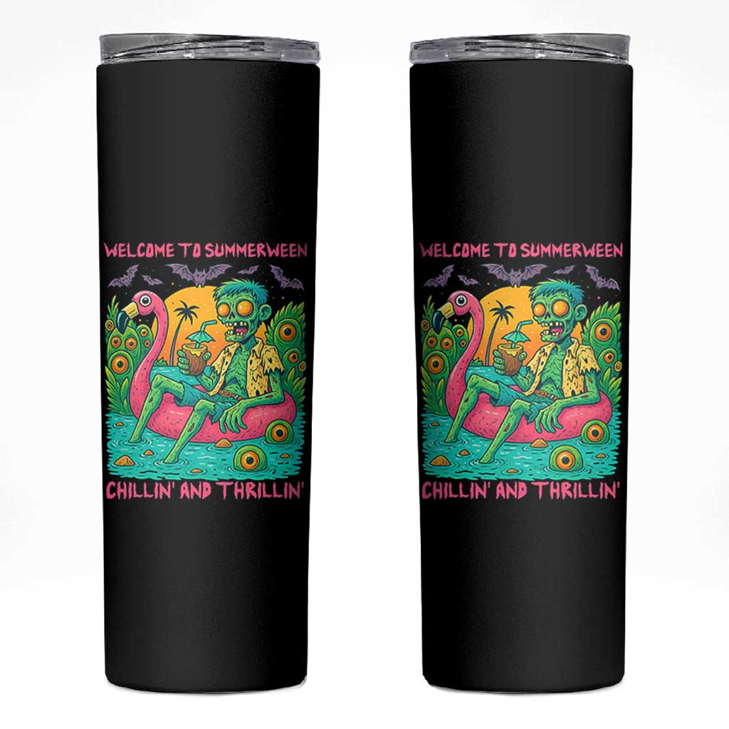 Summerween Zombie Pool Party Skinny Tumbler Chillin and Thrillin Flamingo Float Summer Halloween