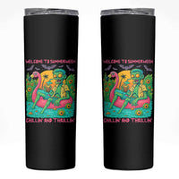 Summerween Zombie Pool Party Skinny Tumbler Chillin and Thrillin Flamingo Float Summer Halloween