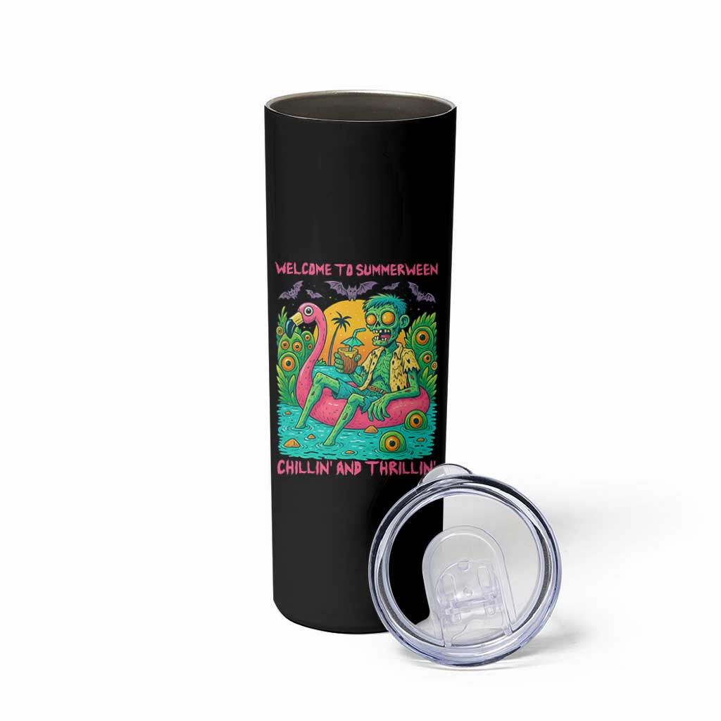 Summerween Zombie Pool Party Skinny Tumbler Chillin and Thrillin Flamingo Float Summer Halloween