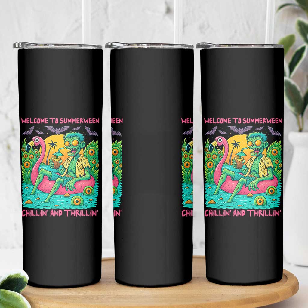 Summerween Zombie Pool Party Skinny Tumbler Chillin and Thrillin Flamingo Float Summer Halloween