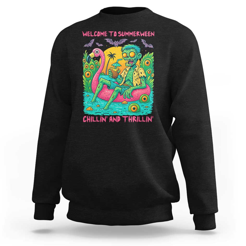 Summerween Zombie Pool Party Sweatshirt Chillin and Thrillin Flamingo Float Summer Halloween