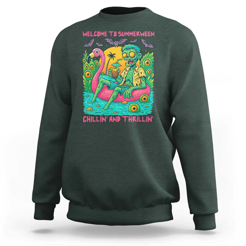 Summerween Zombie Pool Party Sweatshirt Chillin and Thrillin Flamingo Float Summer Halloween
