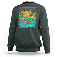 Summerween Zombie Pool Party Sweatshirt Chillin and Thrillin Flamingo Float Summer Halloween