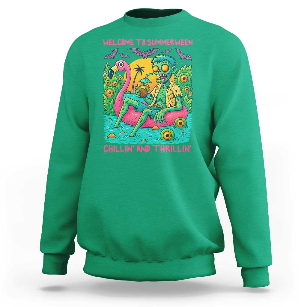 Summerween Zombie Pool Party Sweatshirt Chillin and Thrillin Flamingo Float Summer Halloween