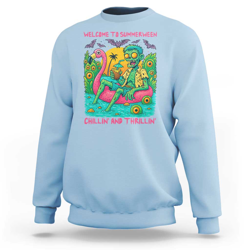 Summerween Zombie Pool Party Sweatshirt Chillin and Thrillin Flamingo Float Summer Halloween