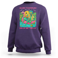 Summerween Zombie Pool Party Sweatshirt Chillin and Thrillin Flamingo Float Summer Halloween